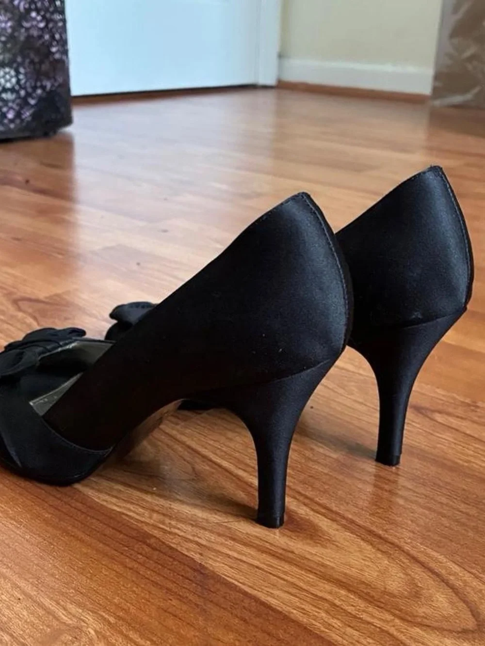 Women's Black Satin Bow Peep-Toe Heels - Elegant Evening Pumps